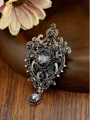   Великолепна кристална ретро брошка 7 на 4 см, с графитени кристали  на бронзова основа- B1560